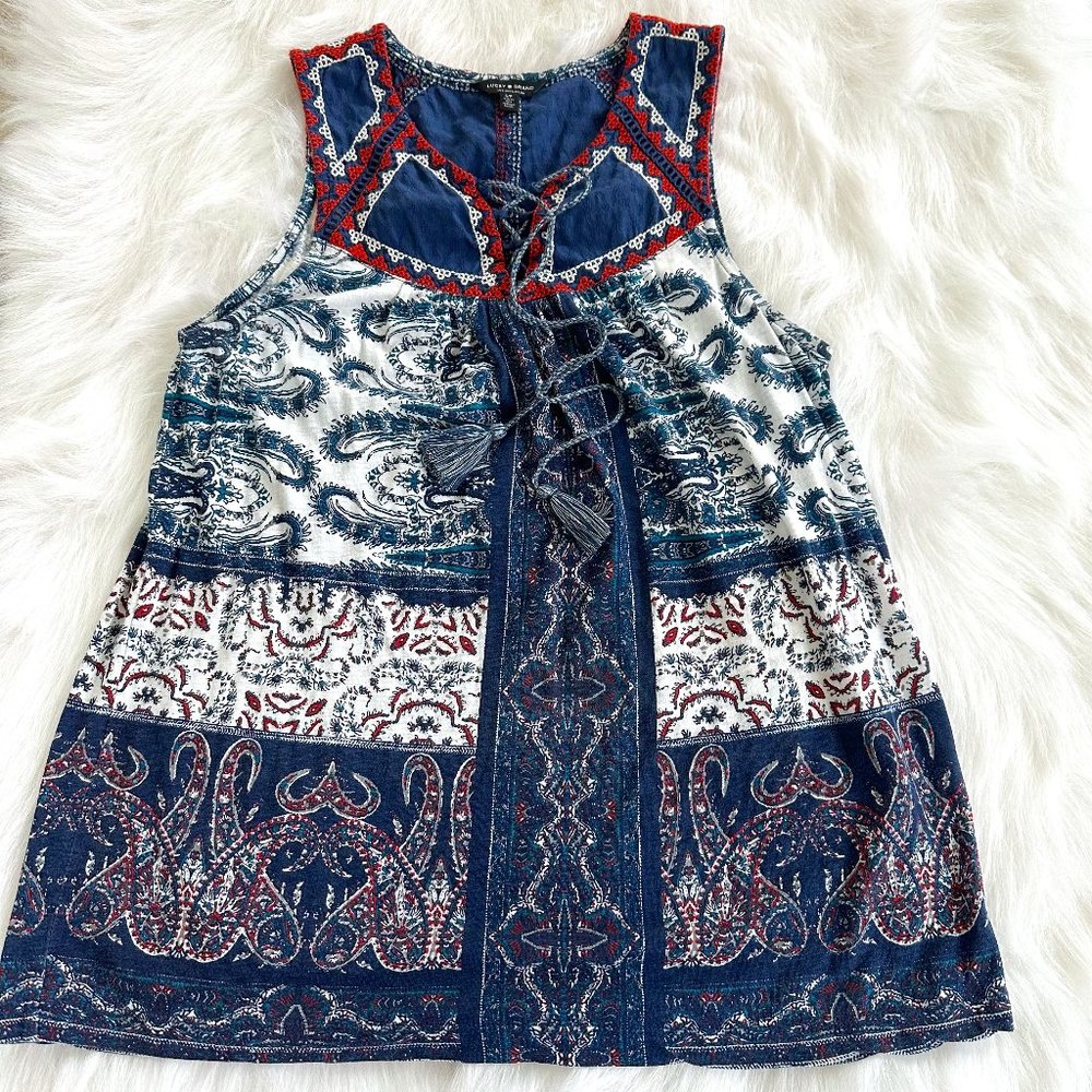 Lucky Brand Blue and Red Embroidered Tunic